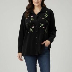 Quacker Factory Black Velvet Floral Embroidery Rhinestones Button Shirt Size 3X